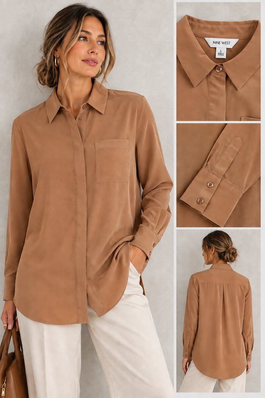 Nine West Satin Button Down Blouse | Quiet Luxury Minimalist Workwear Size L